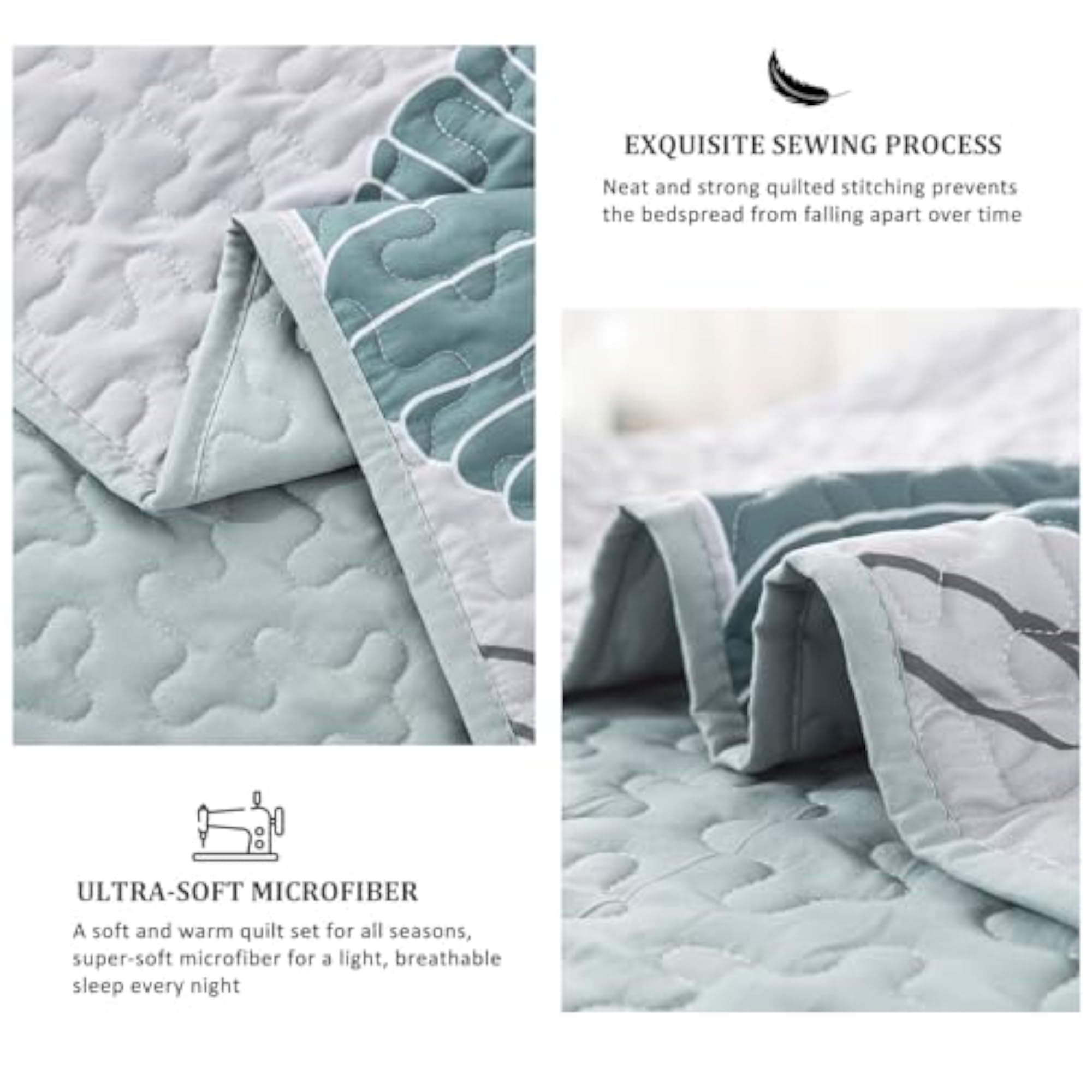 3 Pieces Grayish Blue Floral Quilt Set, King Size